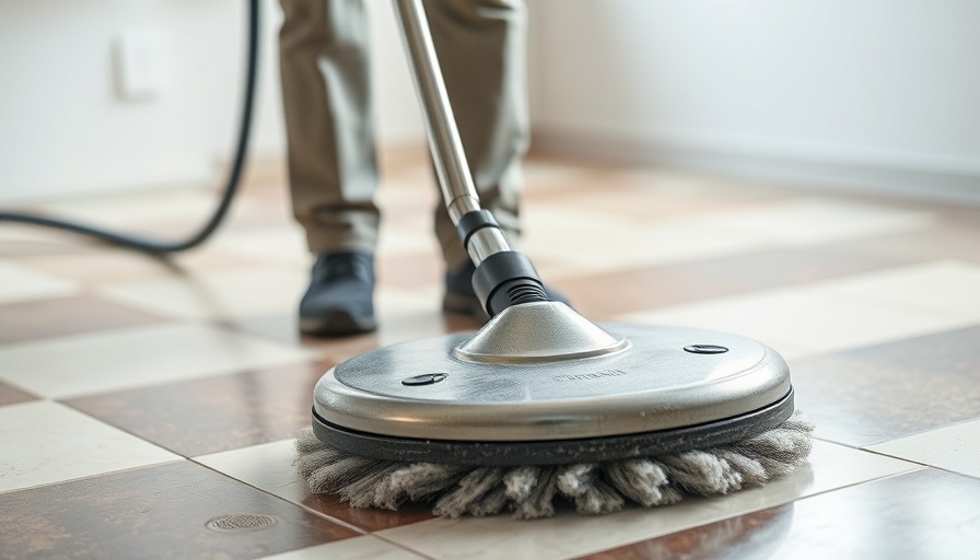 Person cleaning ceramic tile with professional machine indoors.