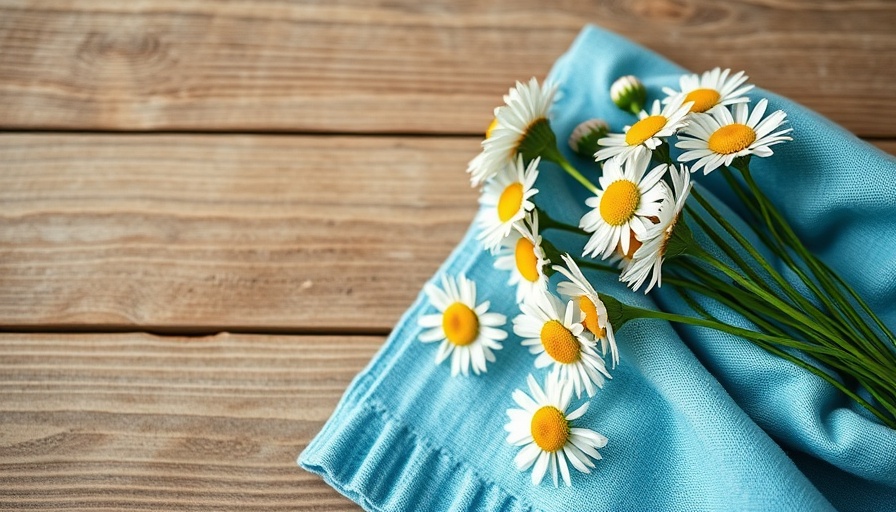 Rustic blue kitchen towel with daisies as travel souvenirs.