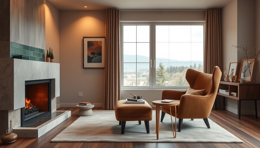 Modern living room design with green tiled fireplace.