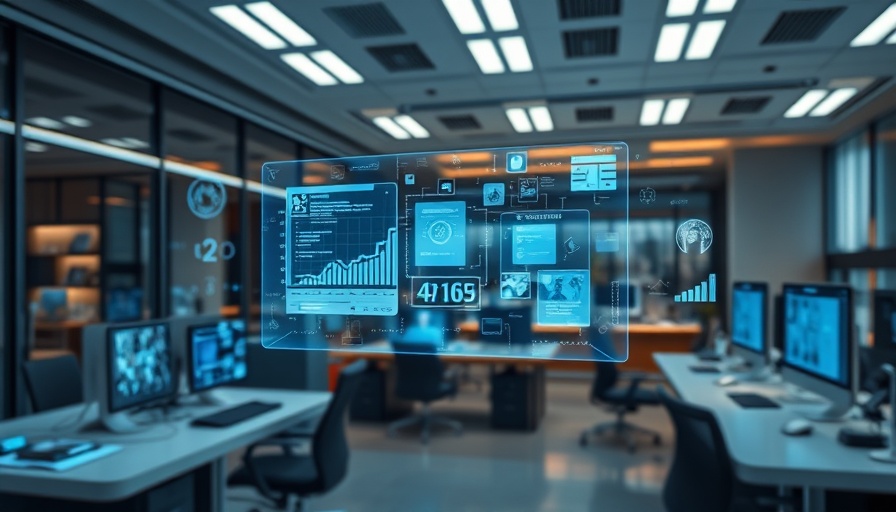 Futuristic workspace with AI content curation displays.