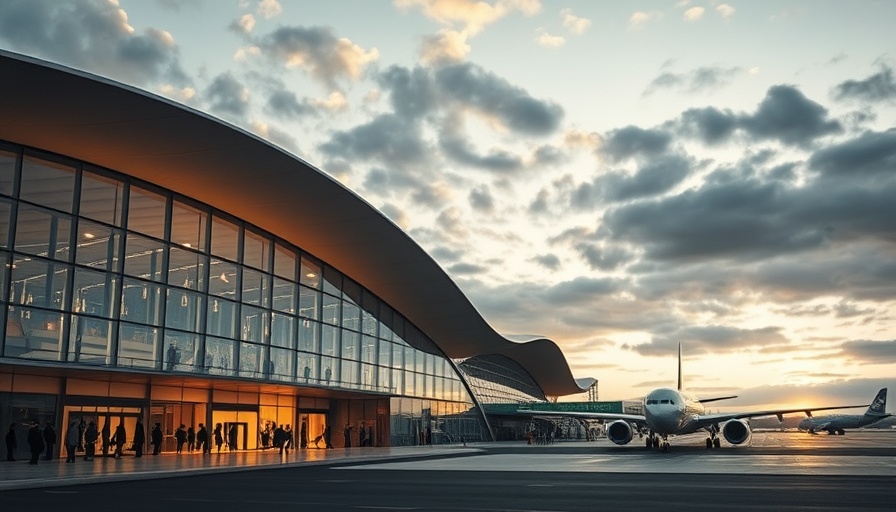 Futuristic airport terminal illuminated at dusk with planes in background.