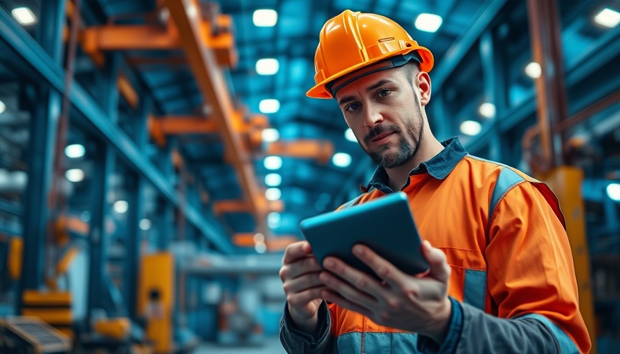 Construction worker using modern tools in an industrial setting.