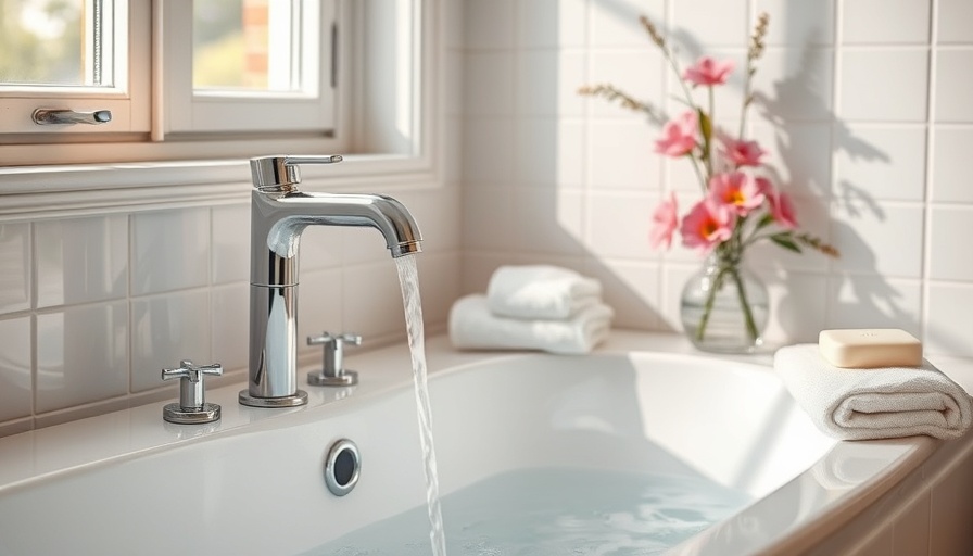 Modern chrome faucet in bathroom with flowing water and floral decor.