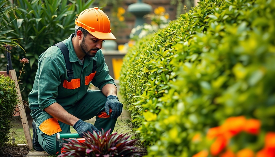 Professional garden maintenance in London featuring a focused gardener.