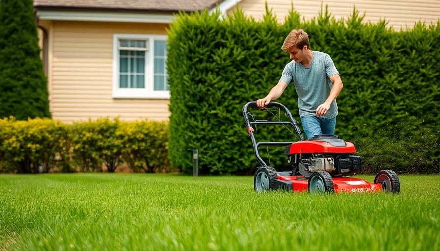 Landscaping services Cape Coral: man mowing lawn in garden.