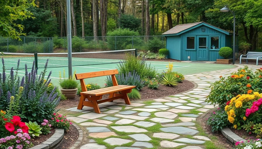 Charming picturesque garden near tennis court with a bench and fall foliage.