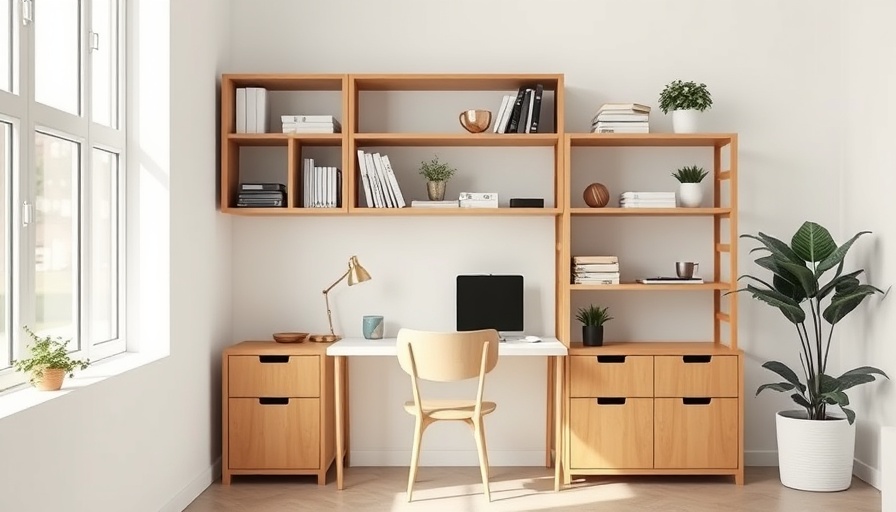 Minimalist home office setup with shelving for exclusive discounts on renovations.