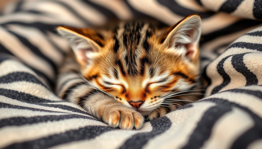 Cozy tabby kitten resting, boy cat names theme, zebra blanket.