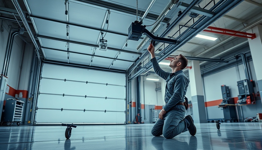 Technician inspecting modern garage door system, ensuring safety.
