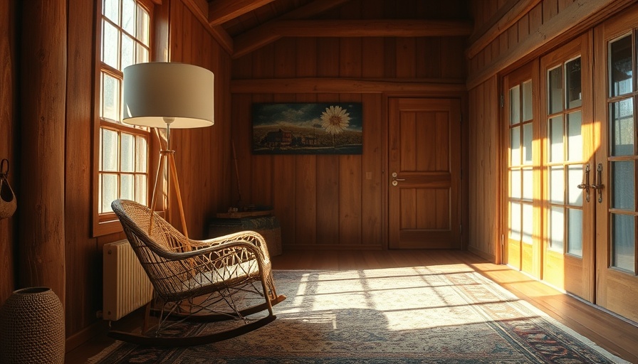 Cozy modern room featuring Noguchi lamp and wicker rocking chair.