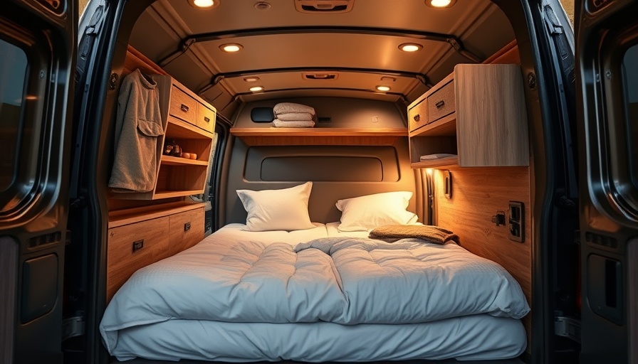 Cozy bedroom setup in a cargo van interior with ambient lighting.