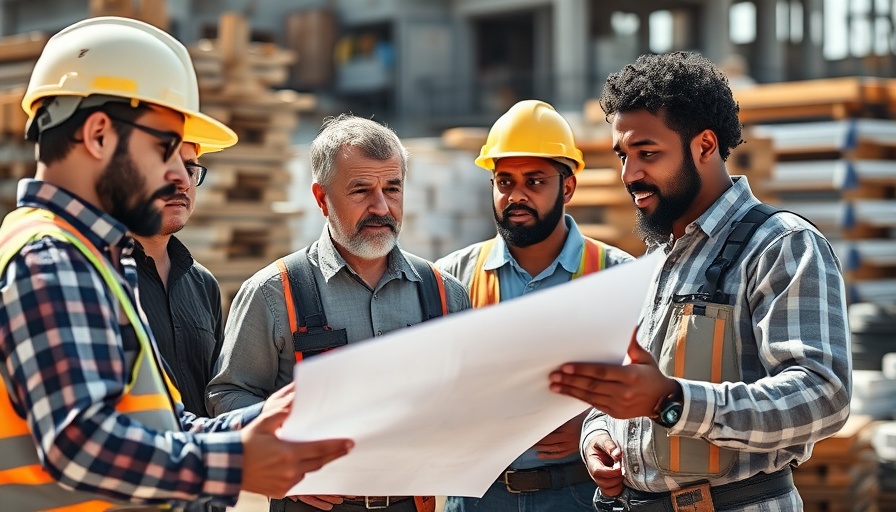 Home improvement team discussing construction plans on site.