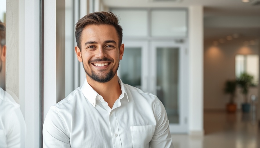 Smiling man indoors next to glass panels for single-storey extension.