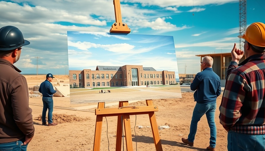 North Dakota State Hospital construction rendering on easel at site.