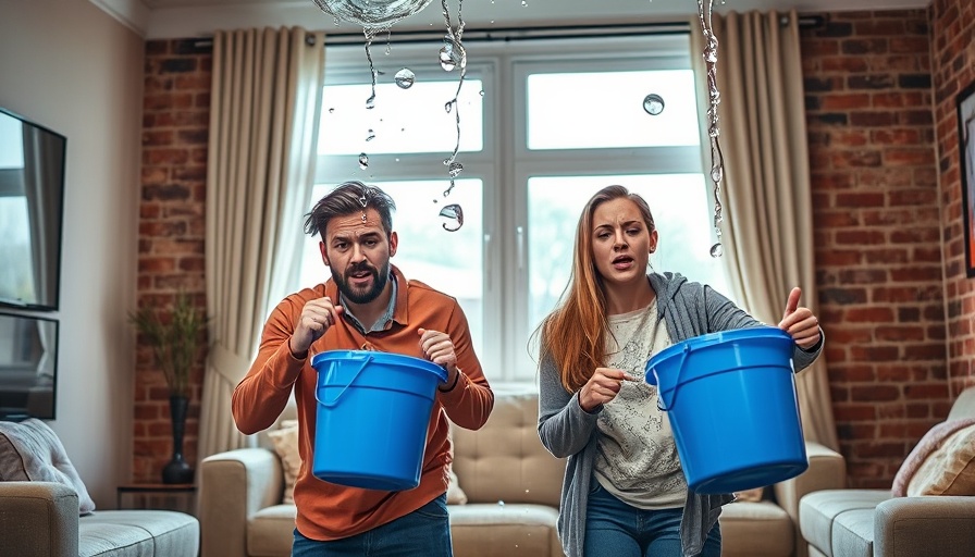 Frustrated couple with buckets catching water from leak, Water Damage Recovery Services