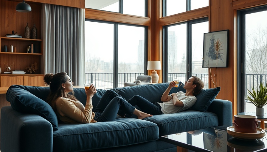 Relaxed living room scene with navy sofa, promoting Labor Day sale discounts.