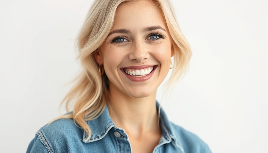 Blonde woman turning 46, smiling in denim, summery portraits.