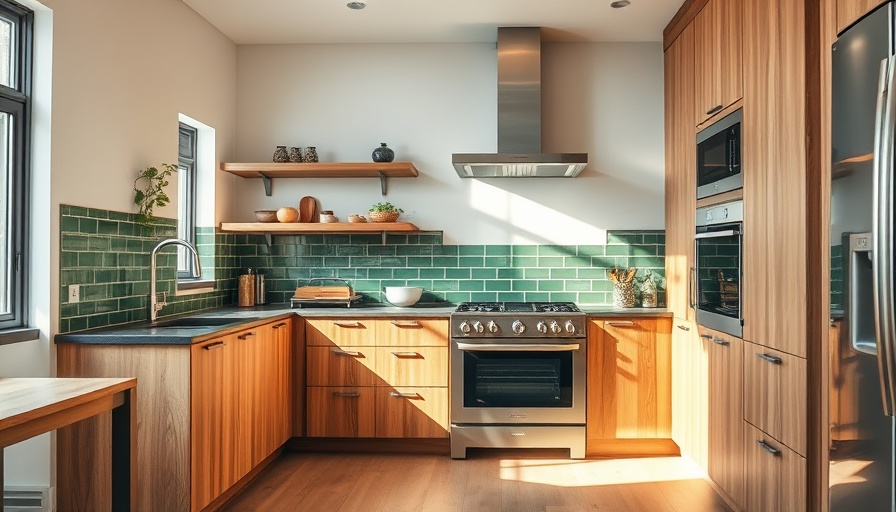 Modern kitchen remodeling with wood cabinets and green backsplash.