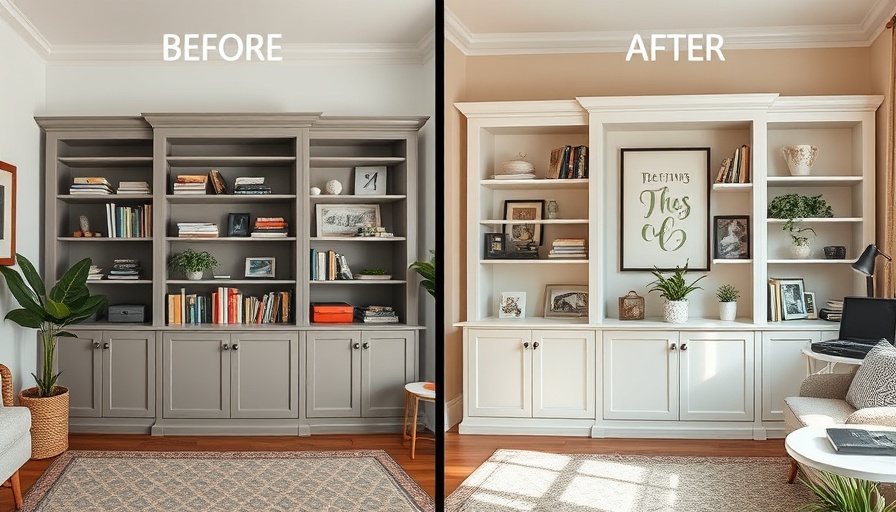 Before and after of renter-friendly built-in bookcase transformation.