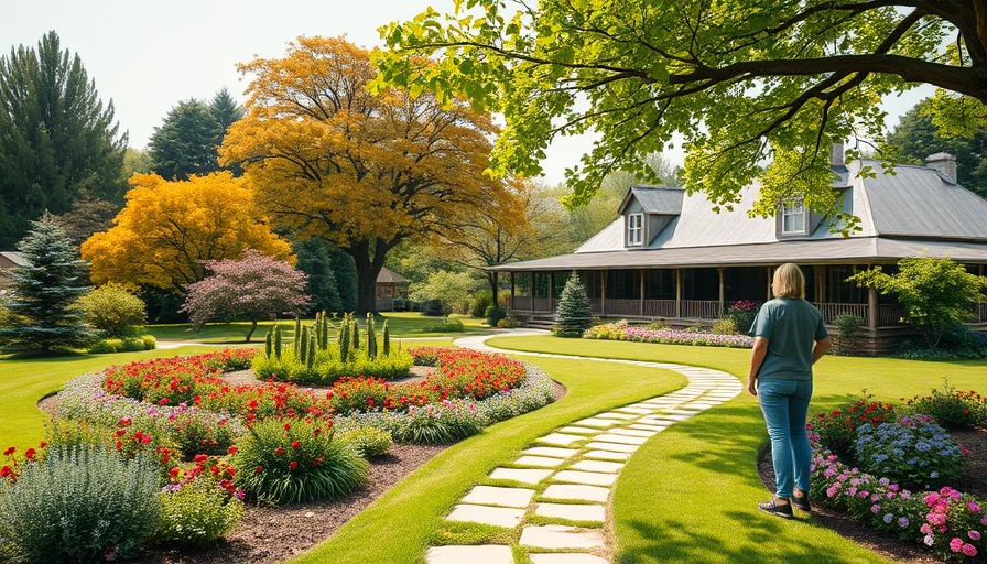 Charming farmhouse garden with pathway and rustic buildings, perfect for a property tour.