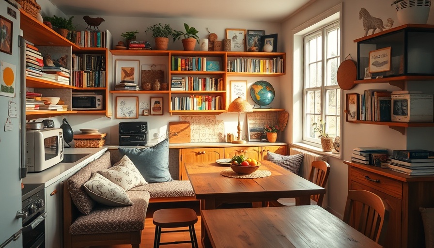 Cozy kitchen remodeling with bookshelves and wooden dining set.