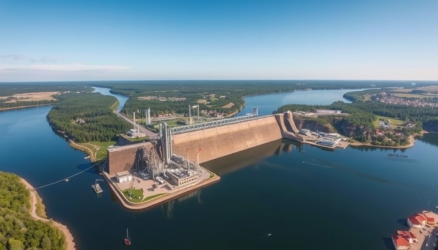 Aerial view of dam rehabilitation project by a river.