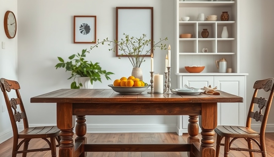 Rustic dining table with vintage furnishings in home design.