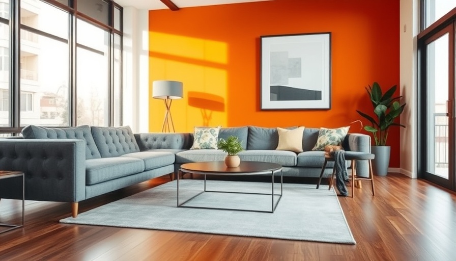 Modern living room with vibrant wall and contemporary decor.