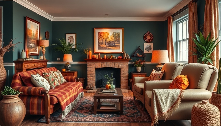 Eclectic fall-themed home decor with wooden furniture