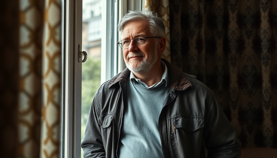 Middle-aged man by window in cozy room, relaxed and contemplative.