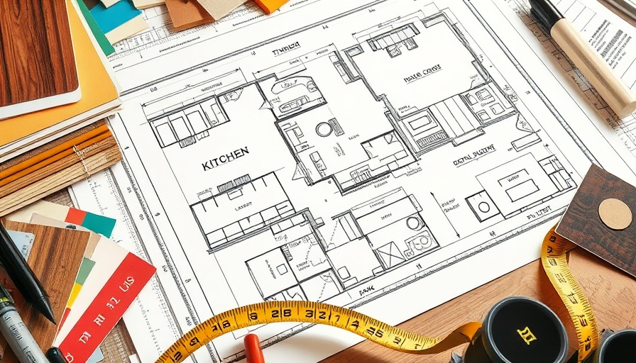 Kitchen remodeling plans, tools, and materials on a table.