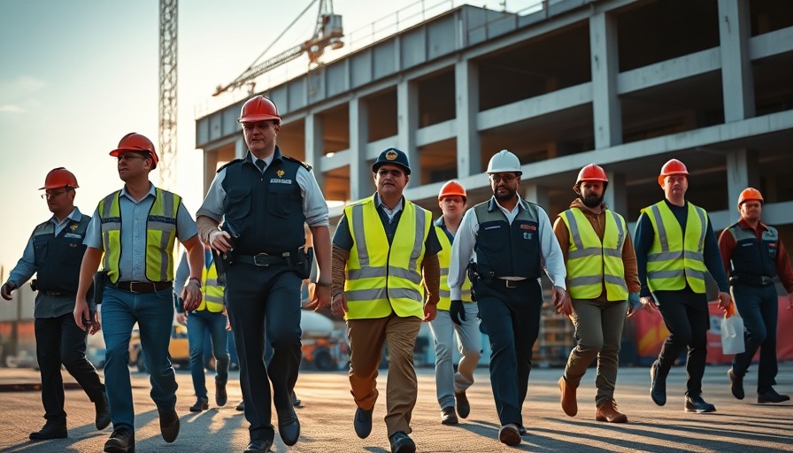 Construction workers and police officer at a site, home remodeling services context.