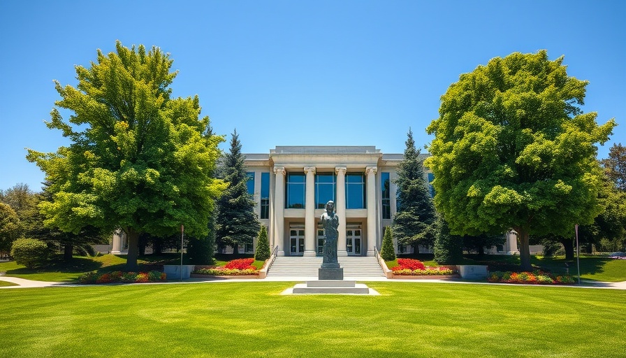 Modern city hall entrance surrounded by greenery, AI permitting for home remodeling.