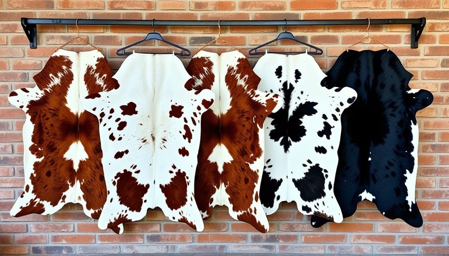 Cowhide rugs on racks drying against brick wall.
