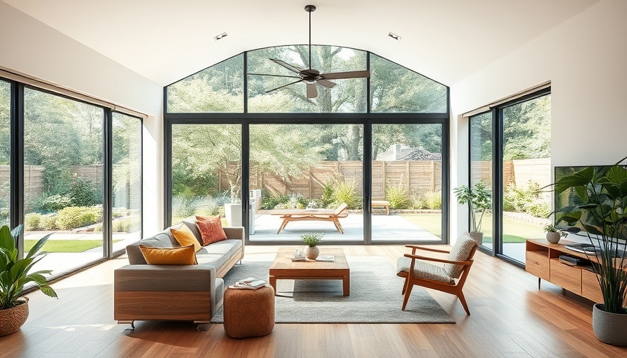 Open-concept living space with glass doors and greenery.