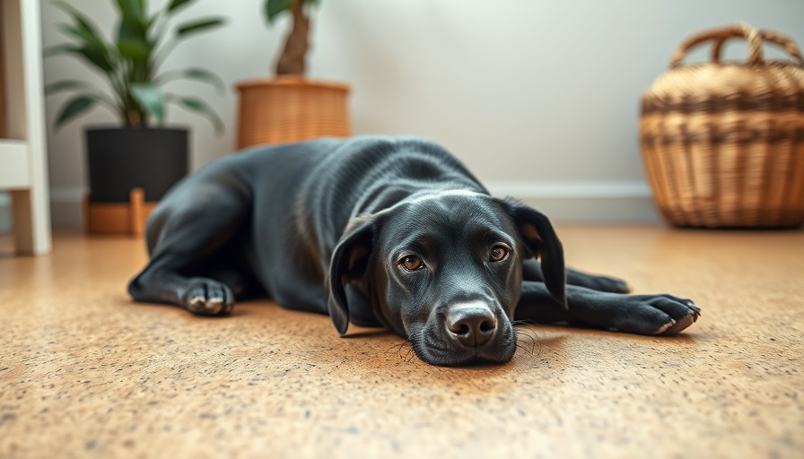 Black dog on cork floor beside plant, best flooring for dogs.