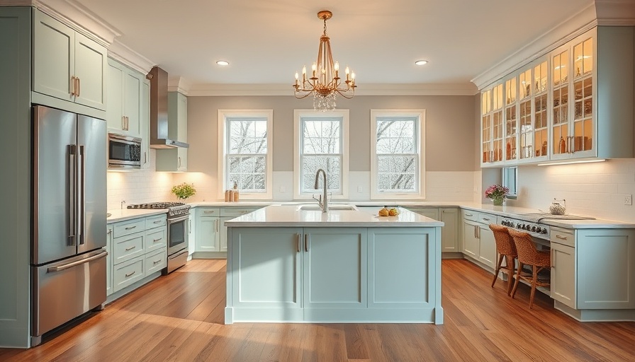 Modern kitchen remodeling with mint green cabinets and stainless steel appliances.