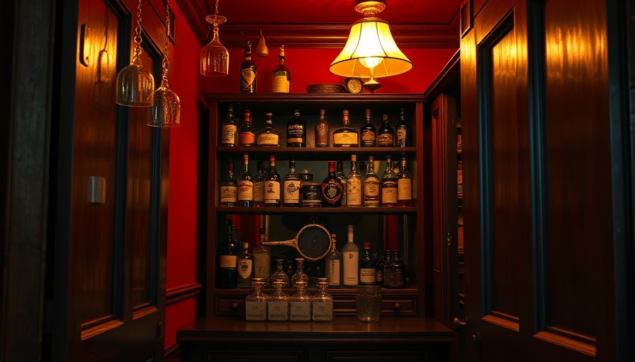 Cozy coat closet speakeasy bar with vintage lamp and red interior.