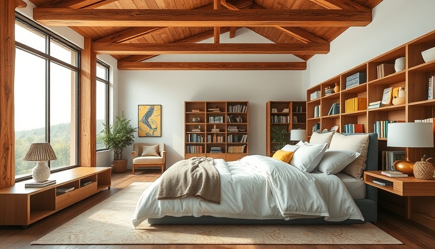 Modern design in Marseille bedroom with rustic beams and a stunning view.