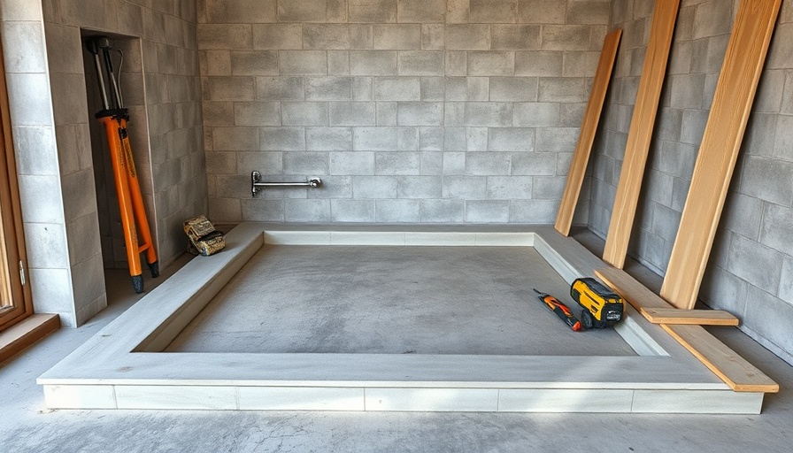 Tools and wood setup for constructing a walk-in shower base.