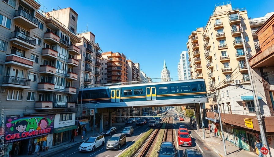 Urban multifamily housing near transit line with street view