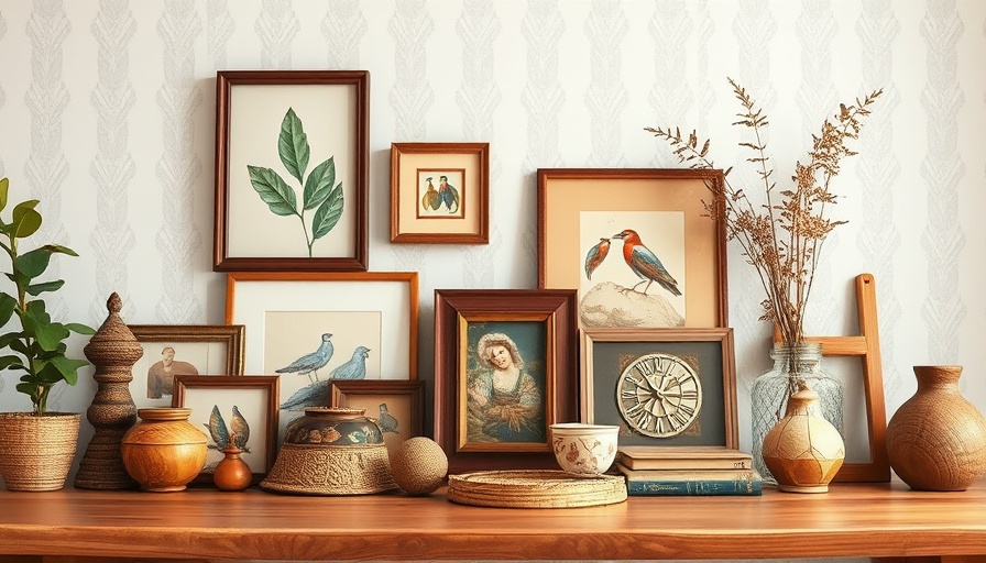 Diverse vintage decor items on a wooden table.