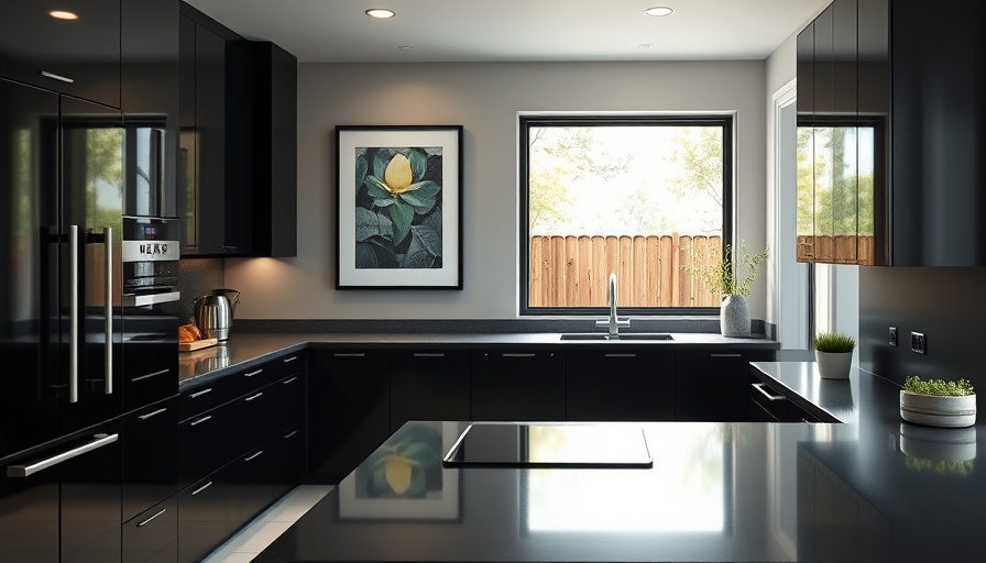 Contemporary kitchen remodel with sleek black cabinets and art.
