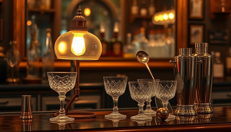 Elegant vintage bar setup with reflective backdrop.