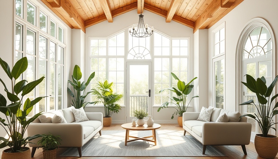 Modern low energy house living room with natural light and plants.