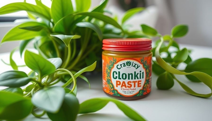 Keiki paste for plants next to vibrant green plant leaves in soft light.