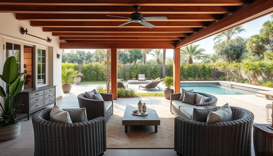 Stylish outdoor living room with wicker furniture, overlooking garden and pool.