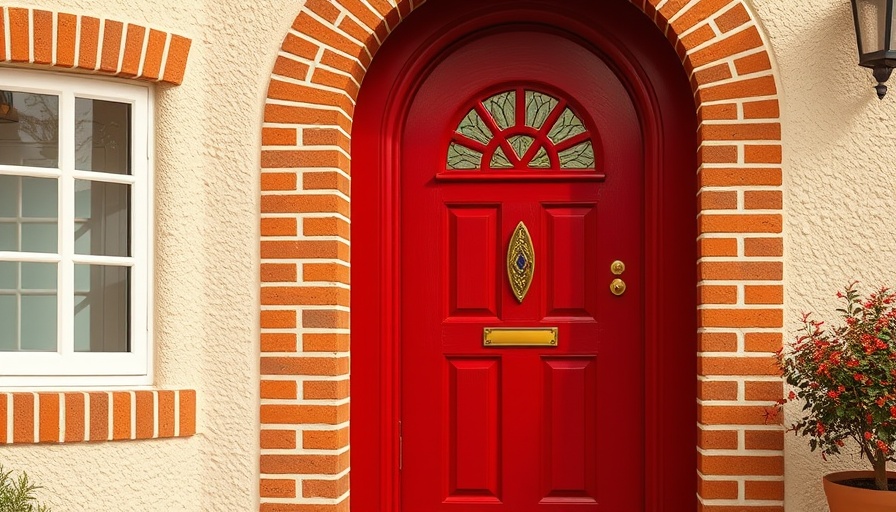 Red composite front door with stained glass design, composite front doors advantages.