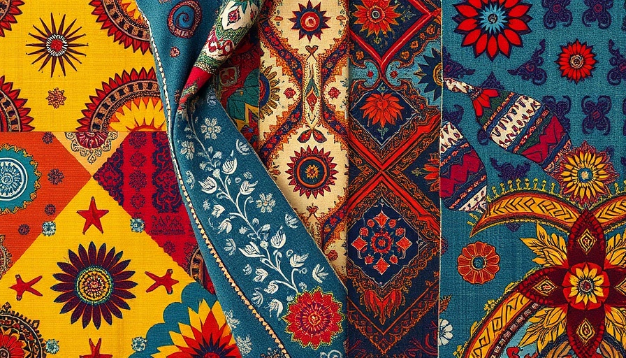 Diverse cultural fabric patterns collage with text overlay.