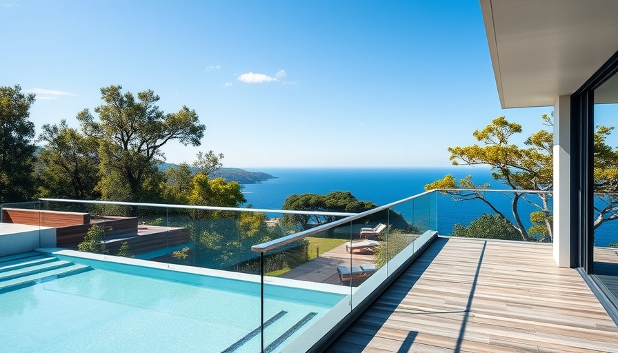 Modern terrace with ocean view, lush green landscaping, sunny day.